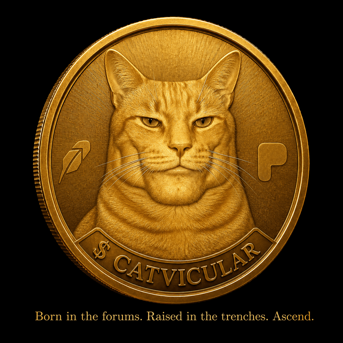 Catvicular, the $CATVICULAR coin — an unimpressed orange cat in profile on a gold coin. Born in the forums. Raised in the trenches. Ascend.